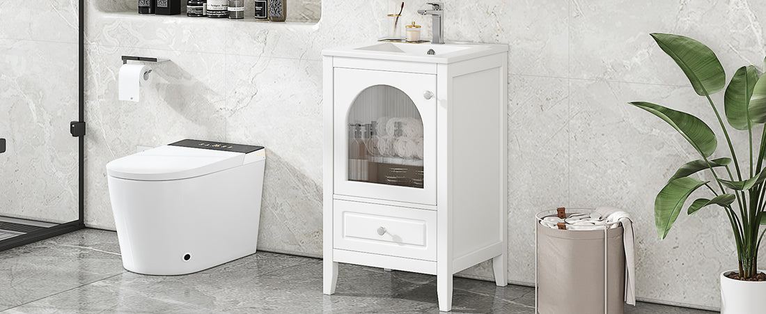 20" Bathroom Vanity With Sink, Bathroom Cabinet With Soft Closing Glass Door, A Drawer, White White Mdf