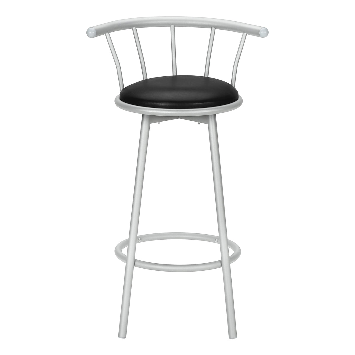 Barstool, Set Of 2, Swivel, Bar Height, Grey Metal, Black Leather Look, Contemporary, Modern Silver Foam Metal