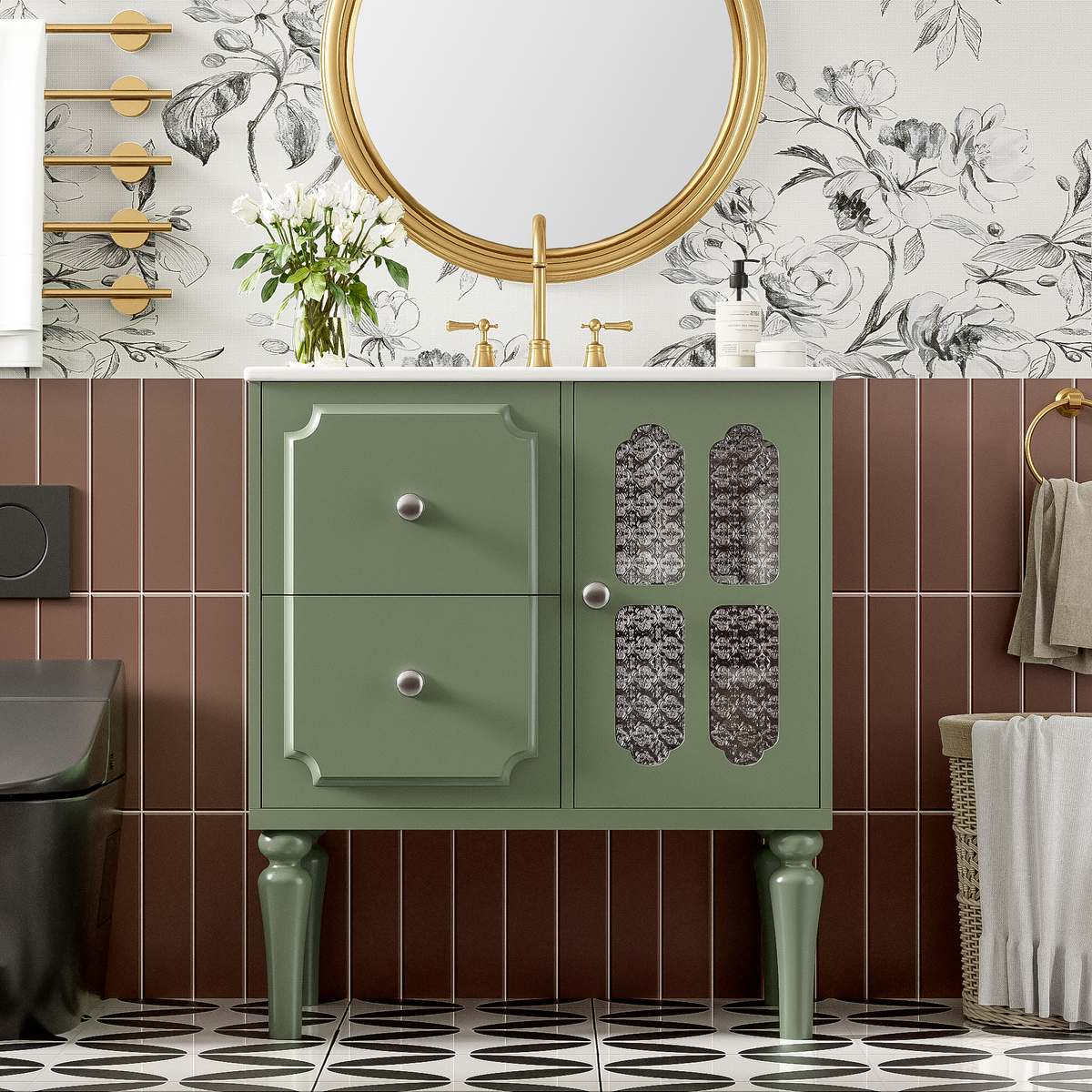 Retro Style 30'' Bathroom Vanity With Resin Sink Combo, Freestanding Single Vanity With 2 Drawers, Solid Wood Frame Bathroom Storage Cabinet, Green Green Bathroom Retro Solid Wood Mdf Resin