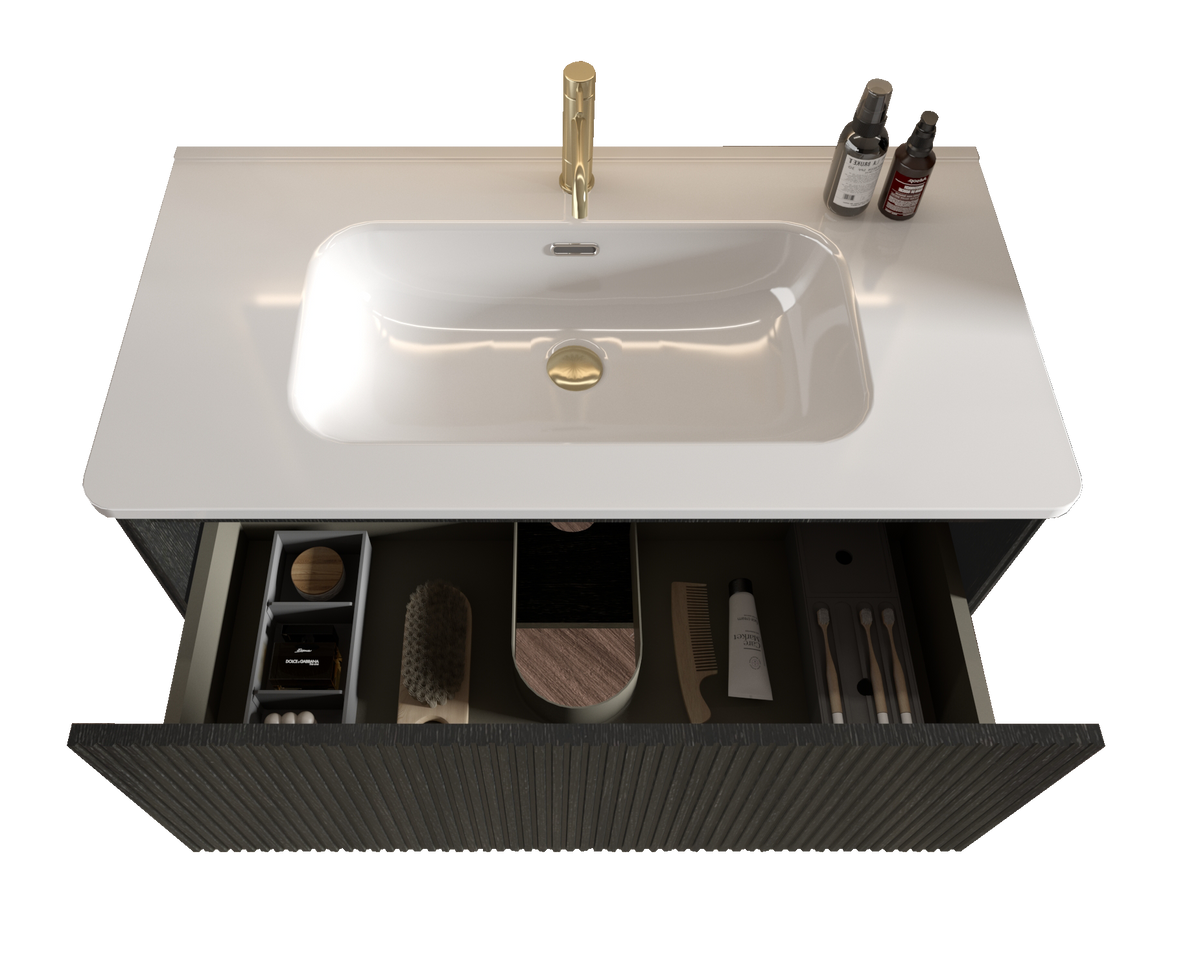 U058 Etna36W 308 Etna 36" Striped Brushed Black Oak Floating Bathroom Vanity With White Ceramic Sink, Bathroom Vanity For Modern Bathroom, Pre Assembled Black Melamine