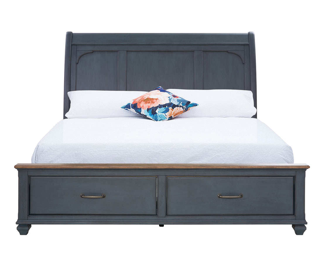 Americana King Size Sleigh Bed, Corduroy Blue Finish King Blue Rubberwood Rubber Wood