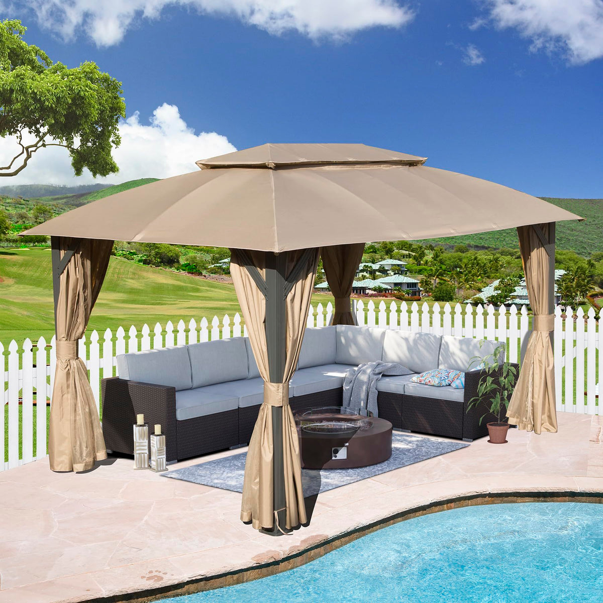 Gazebo 10X14Ft, Outdoor Gazebo With Double Roofs, Privacy Curtains, Mosquito Nettings, Heavy Duty Metal Frame Party Tent Canopy For Patio, Backyard, Deck, Lawn, Brown Brown Garden & Outdoor Uv Resistant Steel