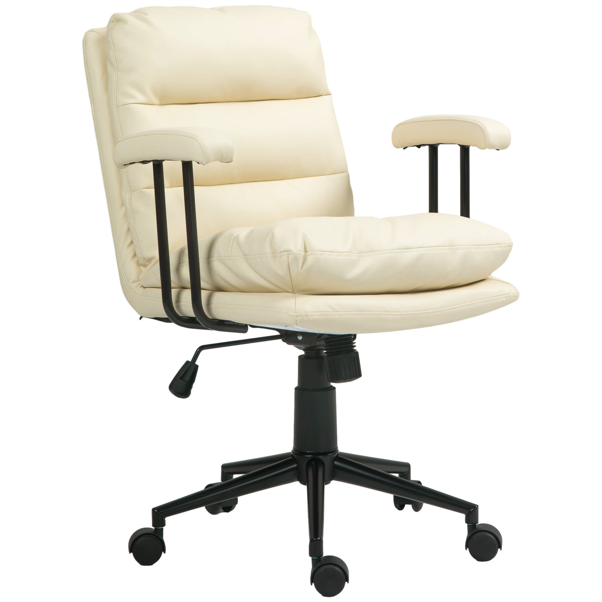 Homcom Pu Leather Office Chair, Office Desk Chair, Task Computer Chair With Swivel Wheels, Adjustable Height, Double Tier Padded, Beige Beige Faux Leather