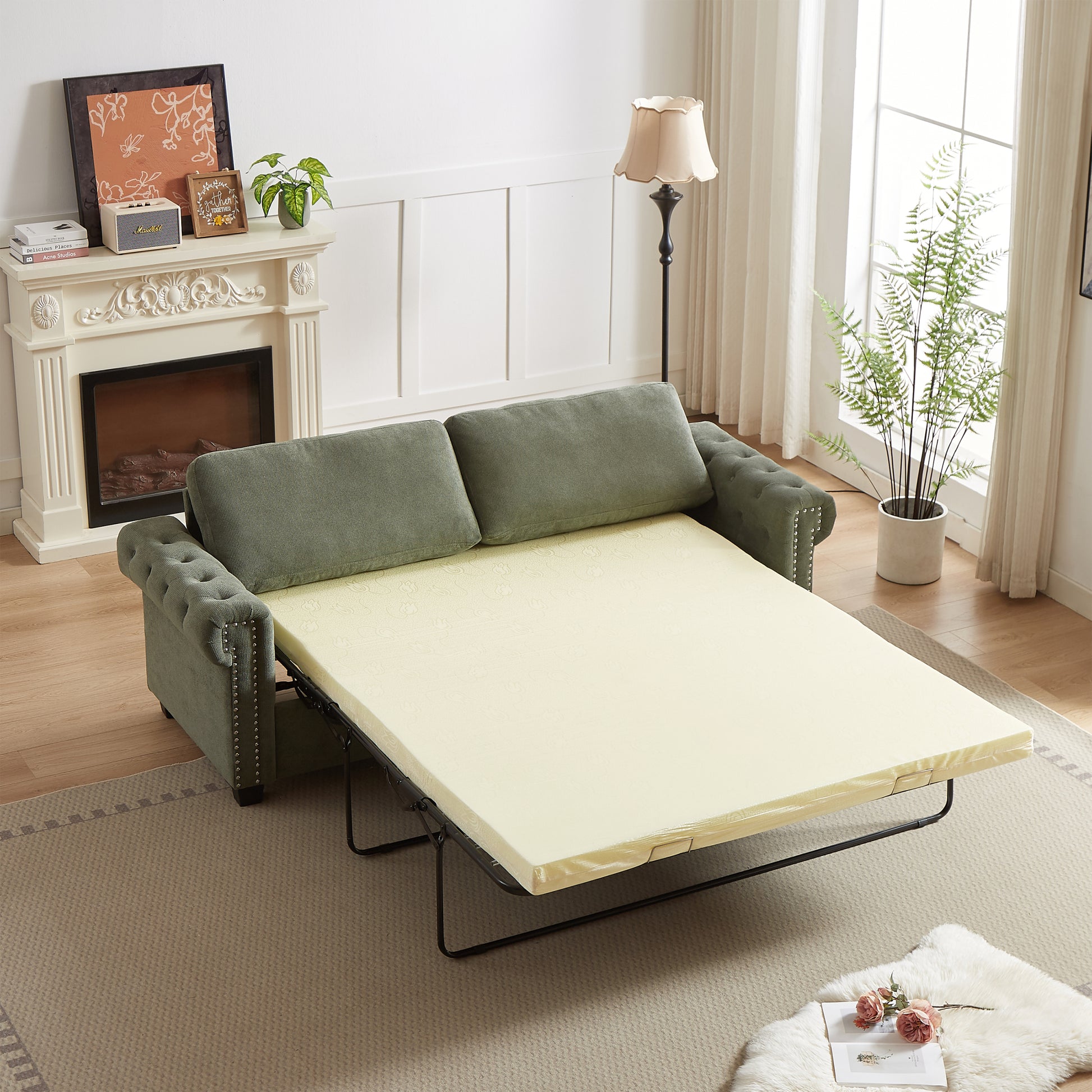 Fx 83.8" Convertible Sleeper Sofa Bed, 2 In 1 Pullout Sofa Bed, Polyester Sleeper Sofa Bed With Folding Mattress, Living Room Pullout Sofa Bed, Apartment Small Space Sofa Sleeper Green Polyester Pine Foam Fabric 3 Seat