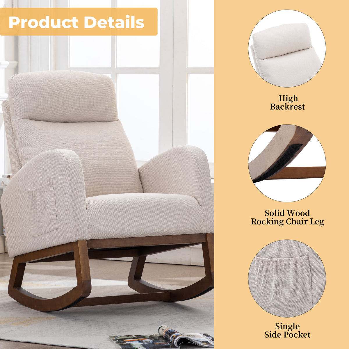 Coolmore Rocking Chair, Modern Glider Chair, Recliner Armchair With Wood Legs And Side Pocket, Nursery Rocking Accent Chair With High Back For Living Room Bedroom Beige Linen Beige Foam Solid Wood