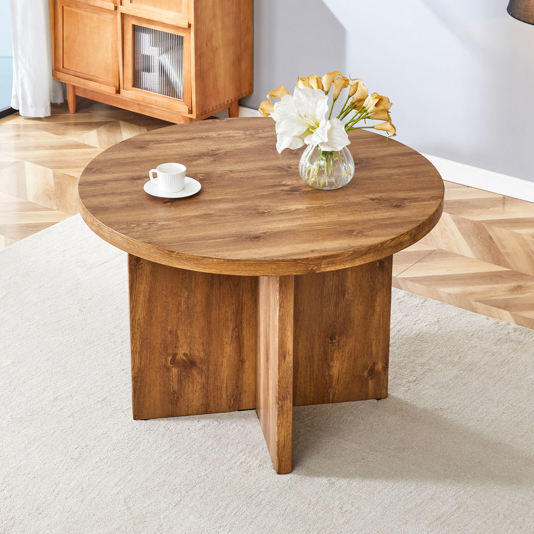 Round Dining Table For 4 6, 42 Inch Modern Kitchen Table Small Dinner Table Mdf Kitchen Dinning Table For Cafe Restaurant Wine Bar Home Office Conference Brown Farmhouse,Mid Century Modern,Modern Round Mdf