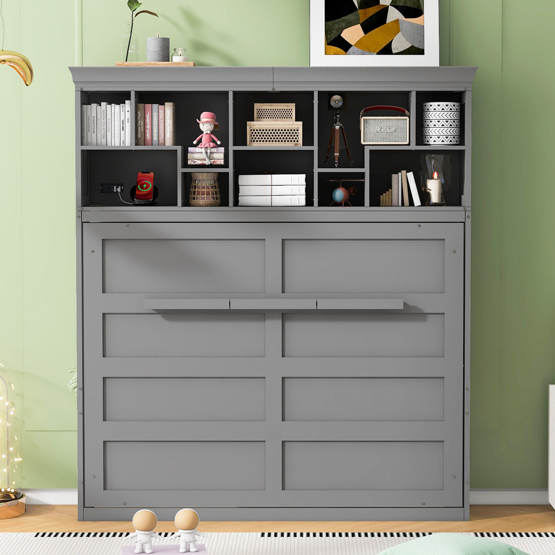 Queen Size Murphy Bed Wall Bed With Top Shelves & Usb,Gray Queen Gray Plywood