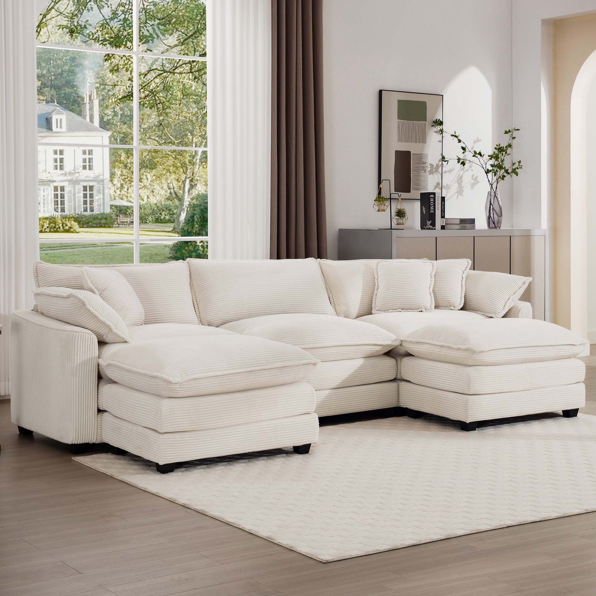 Oversized Modular Cushion Sofa With Ottomans, Comfy Upholstered U Shaped Convertible Corner Sectional Sofa Couch, Light Beige Corduroy Beige Corduroy 3 Seat