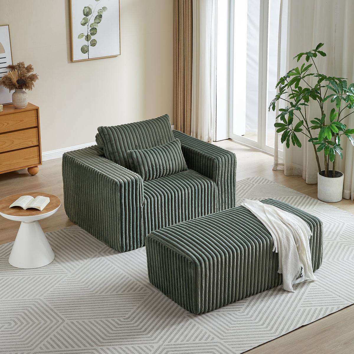 62.5 Inch Corduroy Sponge Sofa Lounge Chair With Removable Footrest,No Assembly Required,Fluffy Modern Sleeper Chair For Indoor Living Room Bedroom Army Green Foam Corduroy 1 Seat