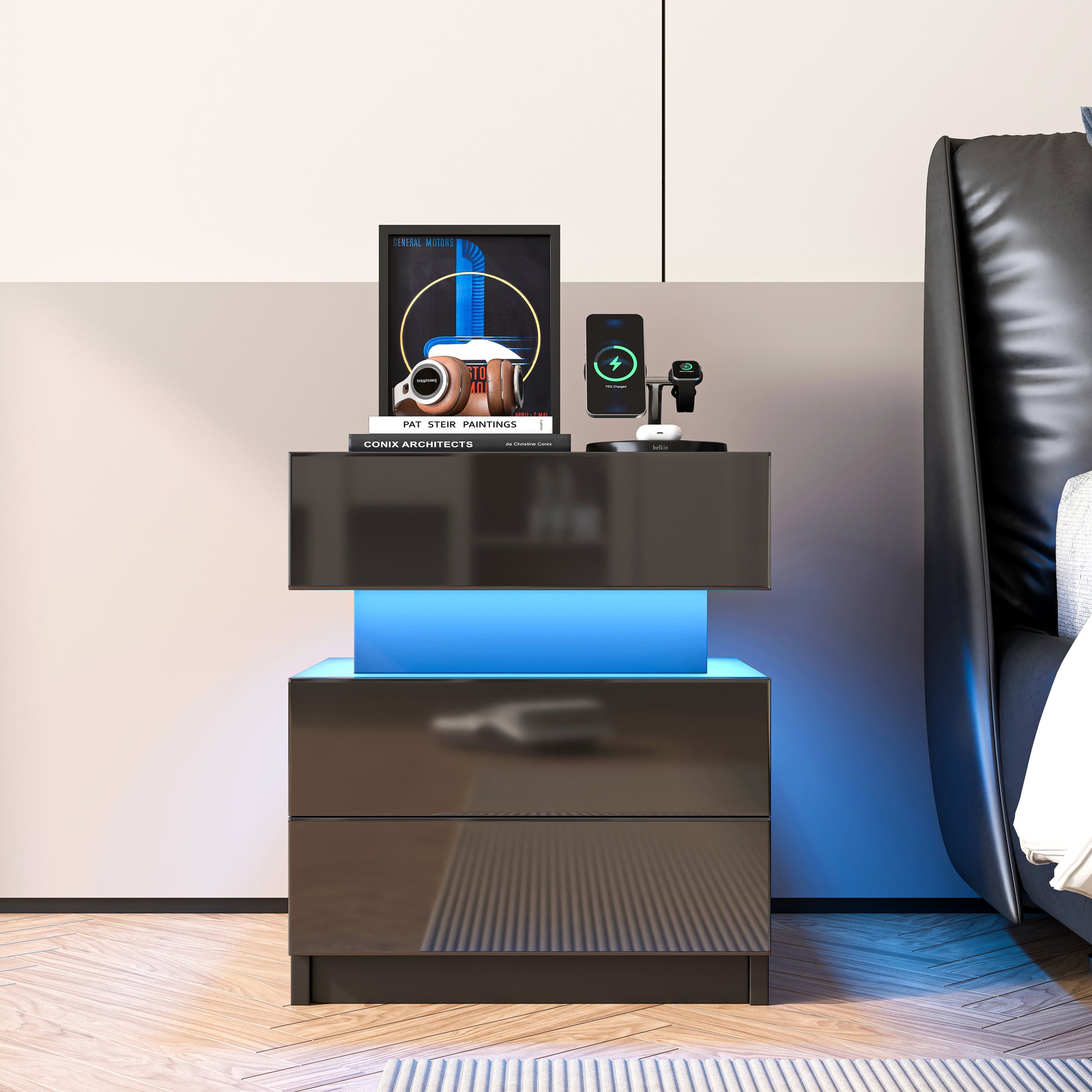 Led Nightstand Modern Black Nightstand With Led Lights Wood Led Bedside Table Nightstand With 2 High Gloss Drawers For Bedroom Standard 1 2 Drawers Black Bedroom Drawers Included American