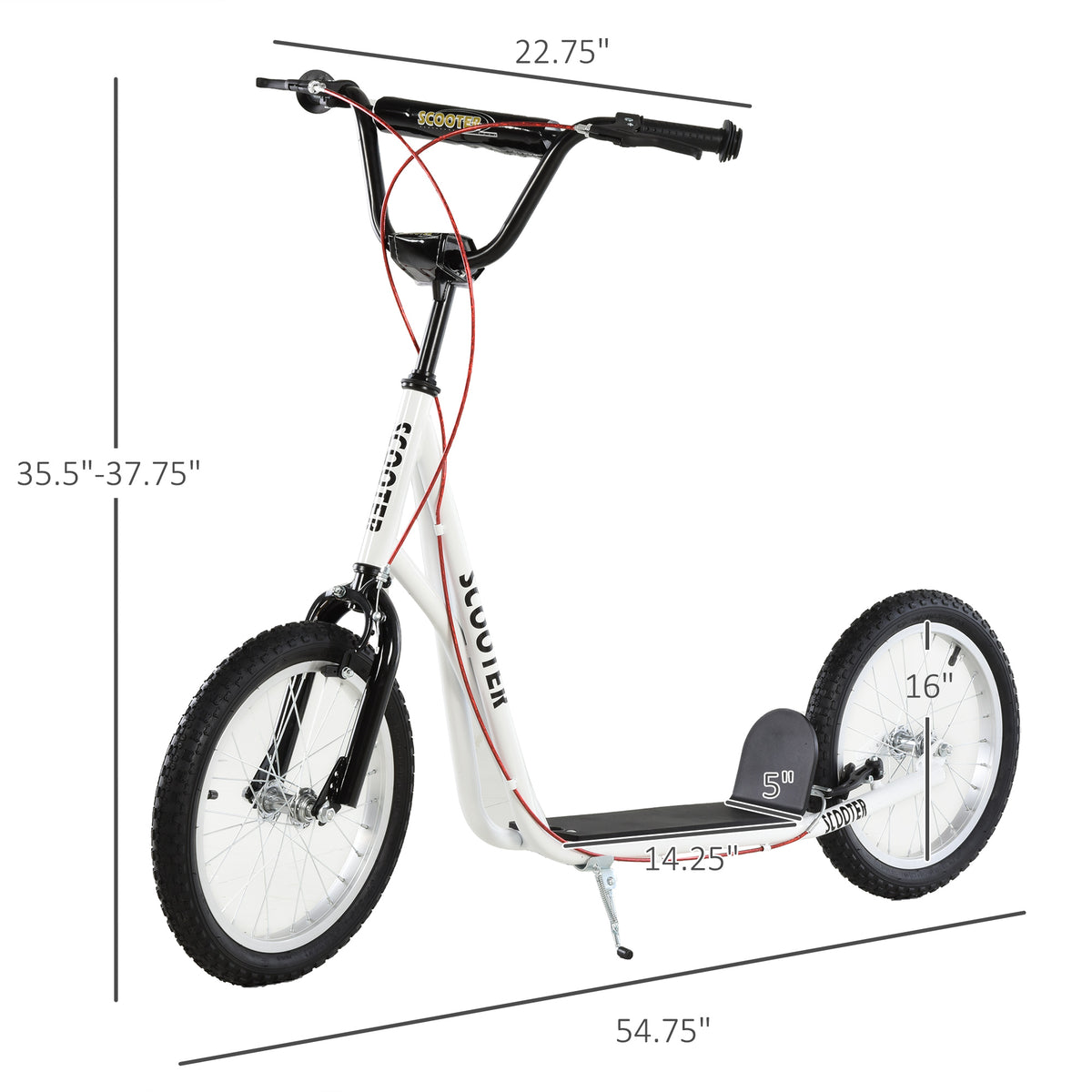 Aosom Youth Scooter Kick Scooter For Kids 5 With Adjustable Handlebar 16" Front And Rear Dual Brakes Inflatable Wheels, White White Iron Plastic
