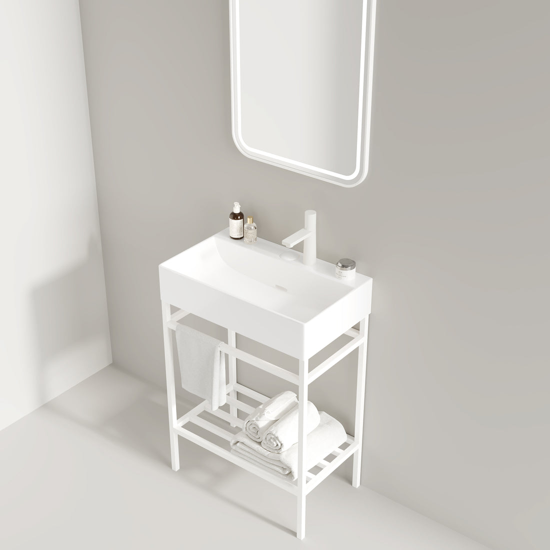 Lofi 24" Bathroom Vanity With Ceramic Basin, Freestanding Bathroom Console Sink Set, Glossy White Rectangular Ceramic Basin Without Faucet, Open Metal Leg, Storage Shelves, White White Bathroom