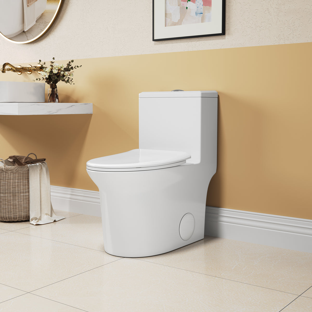 1.1 1.6 Gpf Elongated Comfort Height Super Quite Flushing Floor Mounted One Piece Toilet, Cupc Certified, Watersense Cetified, Ceramic, White Color, Soft Close Seat White Ceramic