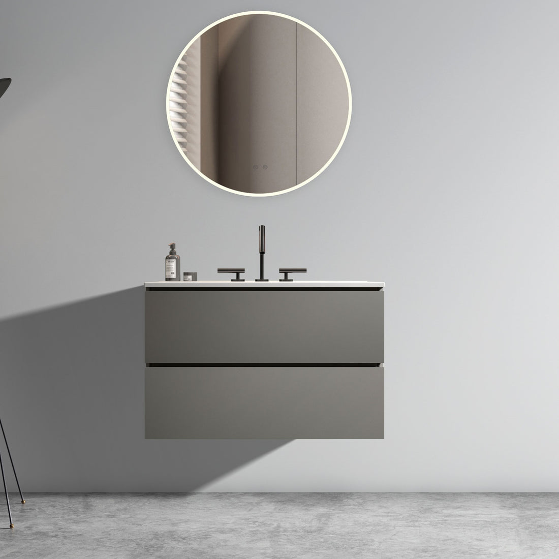 Tia 30" Wall Mount Space Grey Bathroom Vanity With Ceramic Sink With Three Faucet Holes, Large Storage Floating Bathroom Vanity For Modern Bathroom, Pre Assembled White Gray Bathroom Modern Ceramic