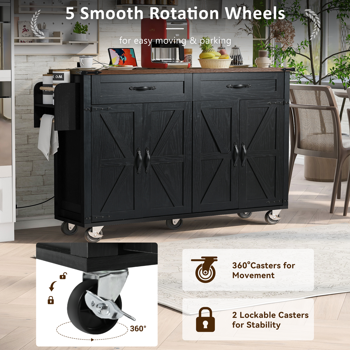 K&K 53.5''Farmhouse Kitchen Island With Power Outlet, Kitchen Storage Island With Drop Leaf, Spice Rack And Drawer, Rolling Kitchen Cart On Wheels, For Home, Kitchen And Dining Room, Black Black