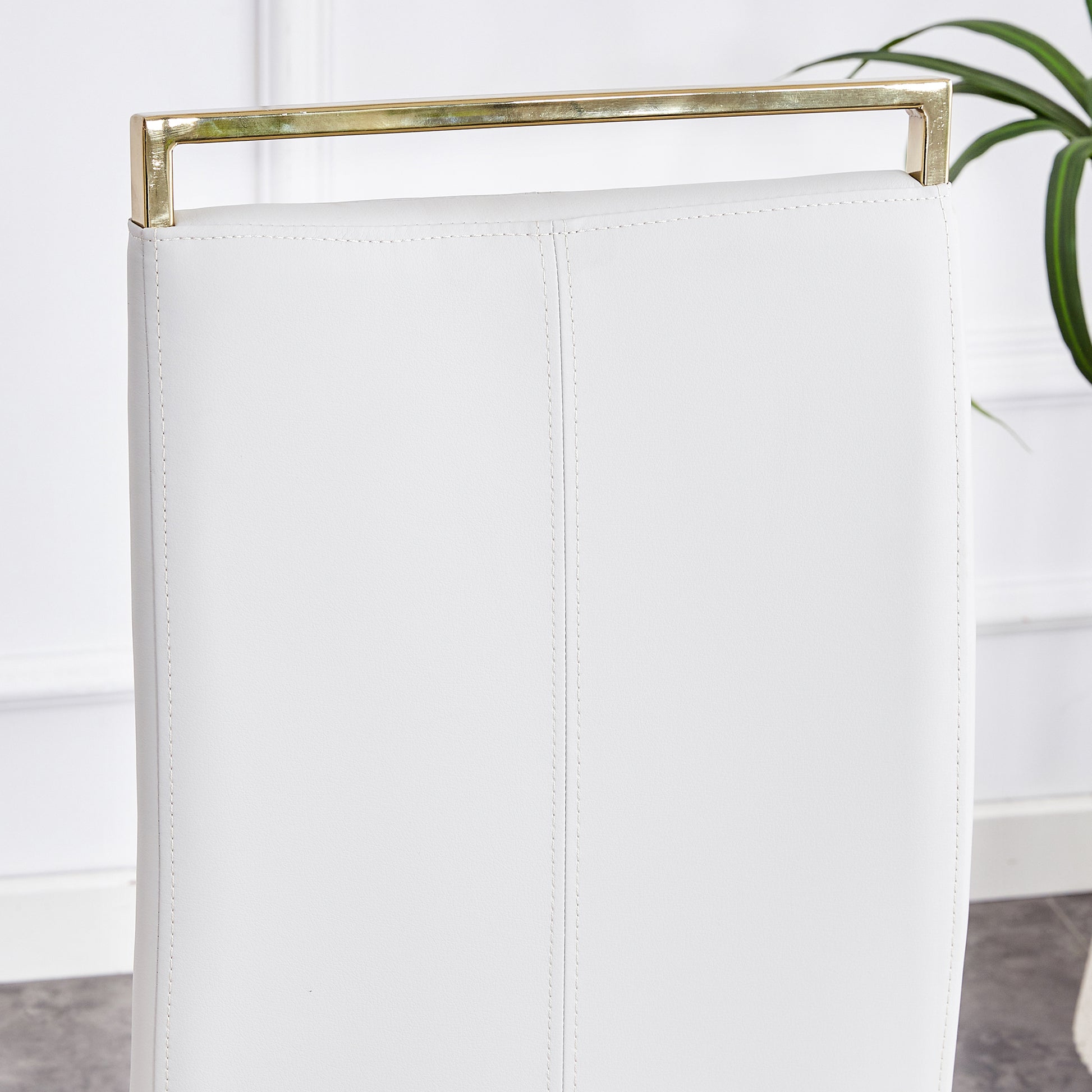 Table And Chair Set.Large Modern Rectangular Table With 0.4 Inch Patterned Glass Tabletop And Large Mdf Table Legs.Comes With 6 Chairs With Faux Leather Cushioned Seats And Golden Metal Legs. Gold White Seats 6 Mdf Glass