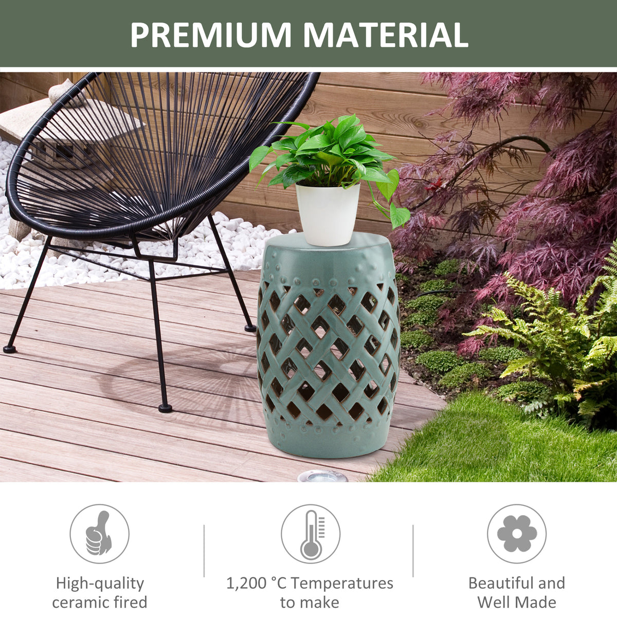 Outsunny 13" X 18" Ceramic Garden Stool With Woven Lattice Design & Glazed Strong Materials Decorative End Table, Antique Blue Blue Porcelain