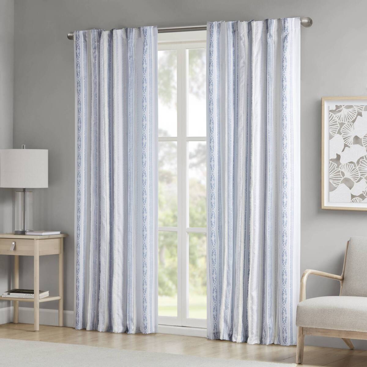 Poly Printed Curtain Panel With Tufted Stripe And Lining White Navy 50X95" Multicolor Polyester