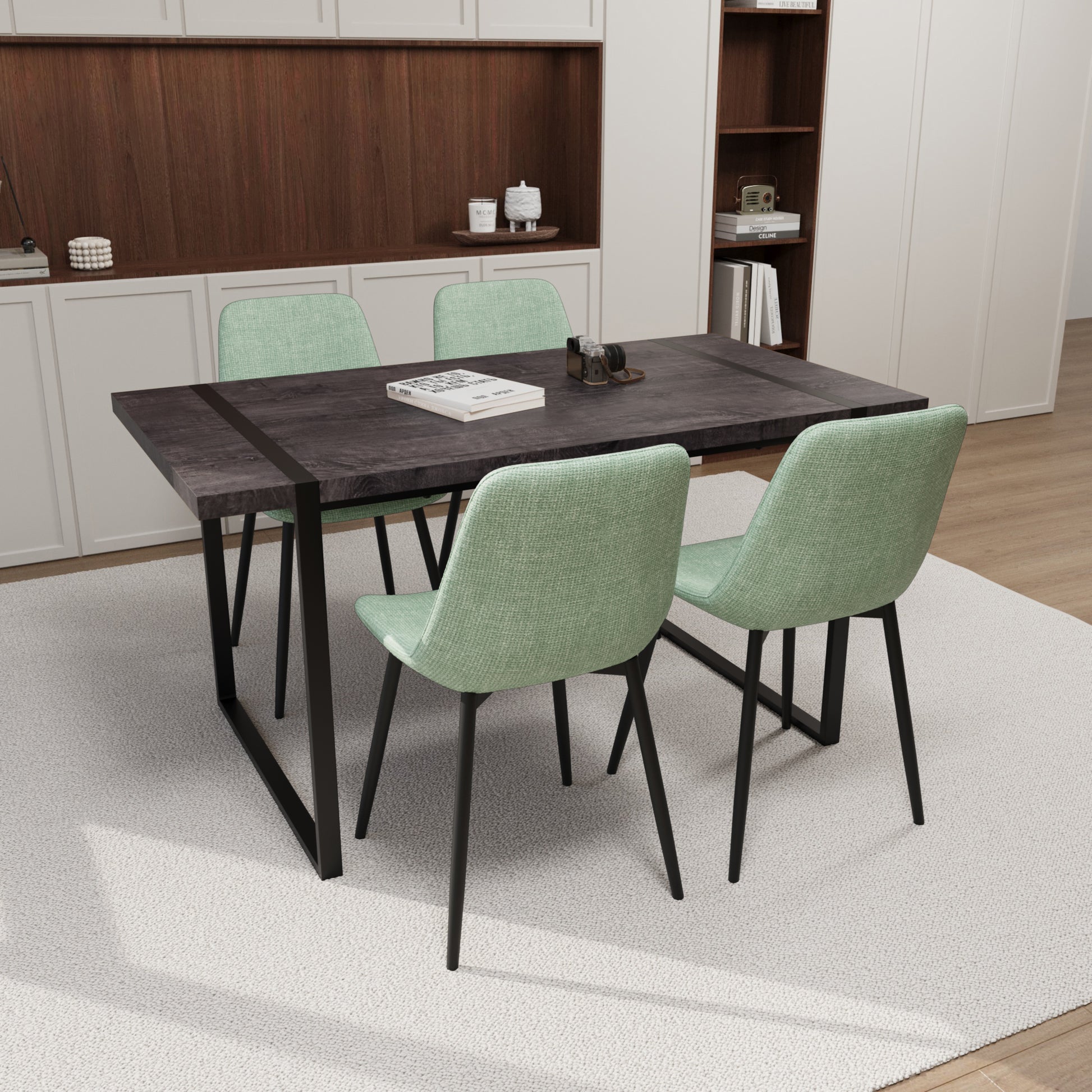 Mdf Black Wooden Dining Table And Modern Dining Chair 4 Piece Set, Medieval Wooden Kitchen Dining Table Set, Rectangular Metal Base, Dining Table And Suede Chair Brown Green Mdf