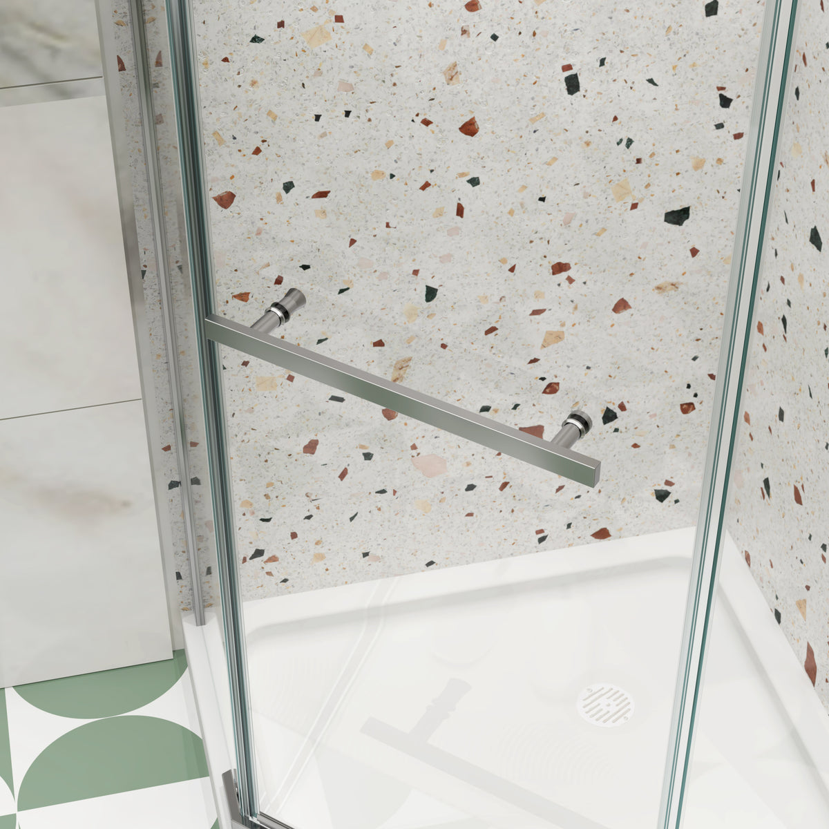 Pivot Shower Door, With 1 4" Tempered Glass34.75 In. X 72 In. Frameless Neo Angle Pivot Shower Enclosure In Chrome. Chrome Aluminium Alloy
