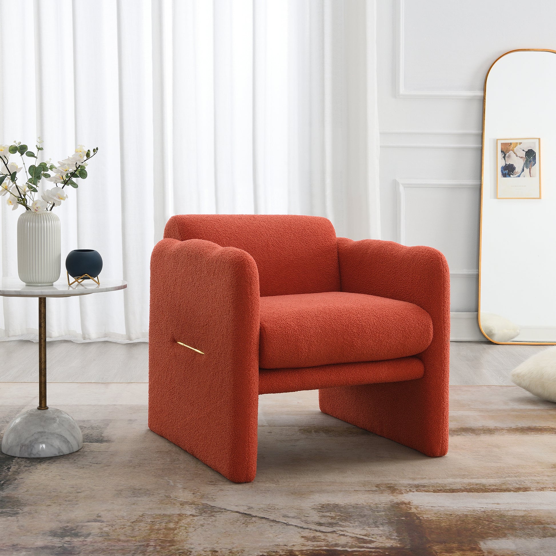 Arm Chair With Waved Arms, Metal Decoration On Both Side Arms, Accent Chair For Primary Living Space, Living Room, Bedroom, Teddy Fabric, Orange Orange Primary Living Space Modern Foam Plywood