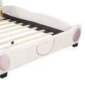 Full Size Velvet Platform Bed With Bear Shaped Headboard, With Bed End Storage Pocket, Beige Full Beige Plywood