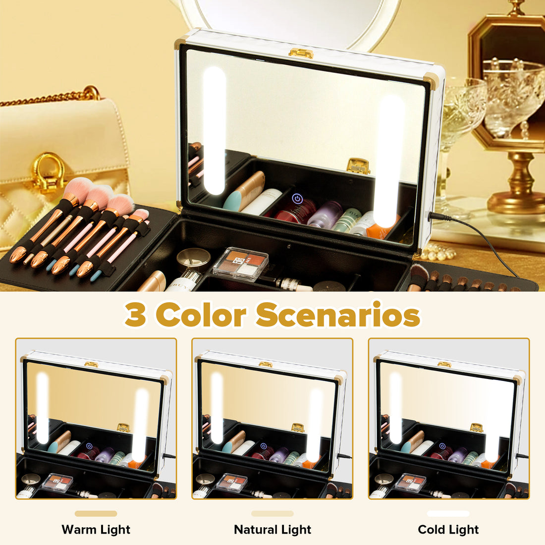 Portable Makeup Case With Led Mirror Travel Makeup Bag Cosmetic Organizer Box With Locks, Brush Holder, Dividers, Rechargeable, White White Aluminium Alloy