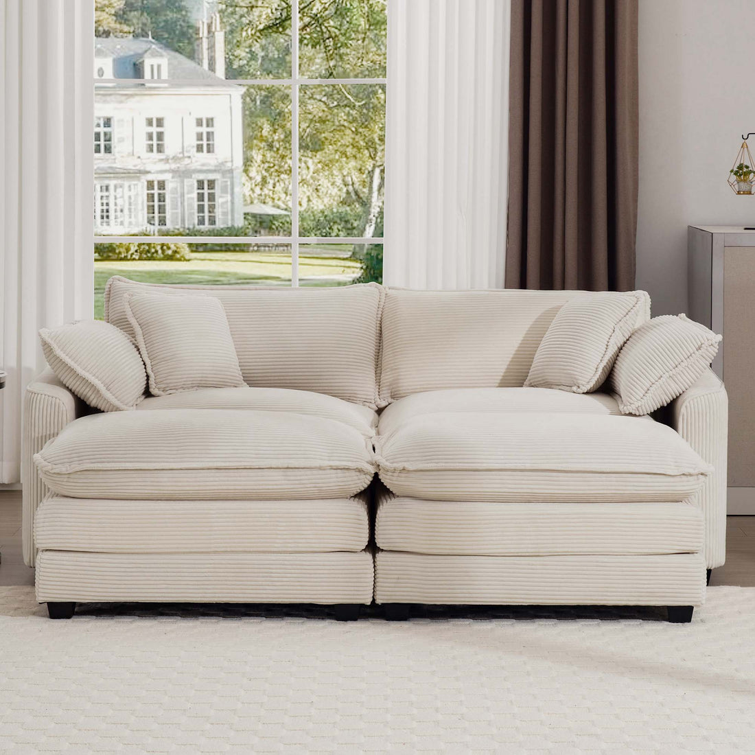 Corduroy Two Seater Sofa With 2 Footrest, 2 Seater Sofa With Ottoman To Work As Sofa Bed For Small Living Spaces, Light Beige Corduroy Sofa Beige Corduroy 2 Seat