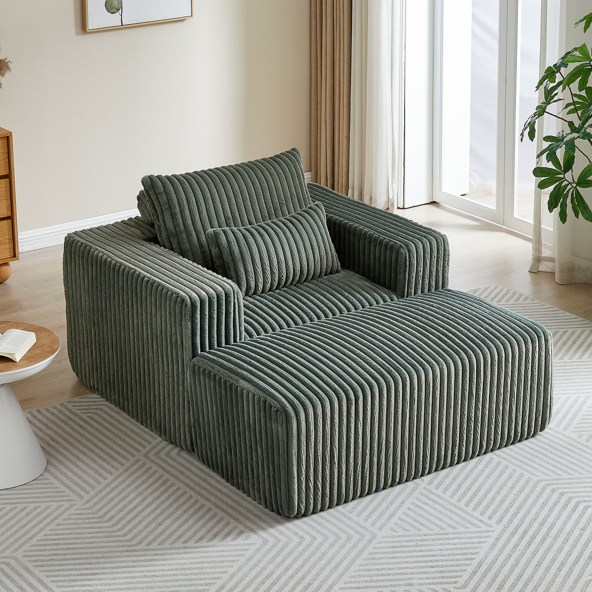 62.5 Inch Corduroy Sponge Sofa Lounge Chair With Removable Footrest,No Assembly Required,Fluffy Modern Sleeper Chair For Indoor Living Room Bedroom Army Green Foam Corduroy 1 Seat