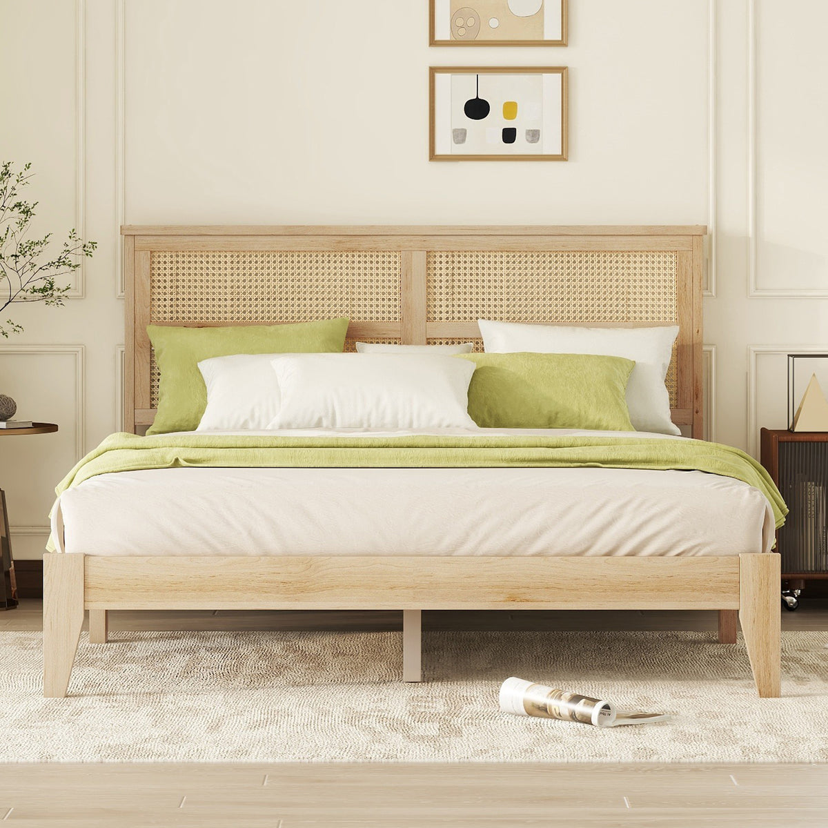 Queen Size Rubber Wooden, Solid Wooden Bed With Rattan Headboard, Enhanced By Support Feet Queen Natural American Design Rubber Wood