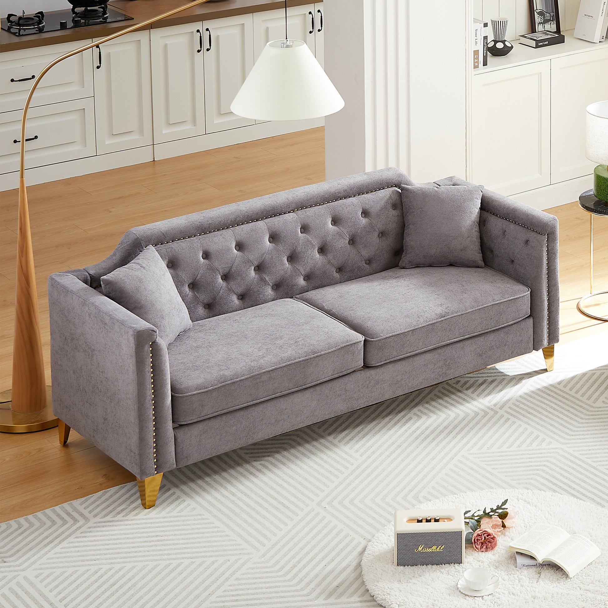 Fx 81"Mid Century Design Modern Sofa,Chenille Pull Buckle Design Sofa For Living Room,Buttons Tufted With Copper Nail Decoration Armrest, With 2 Pillows,Modern Couch Upholstered Button And Metal Leg Grey Chenille Pine Foam Fabric 3 Seat