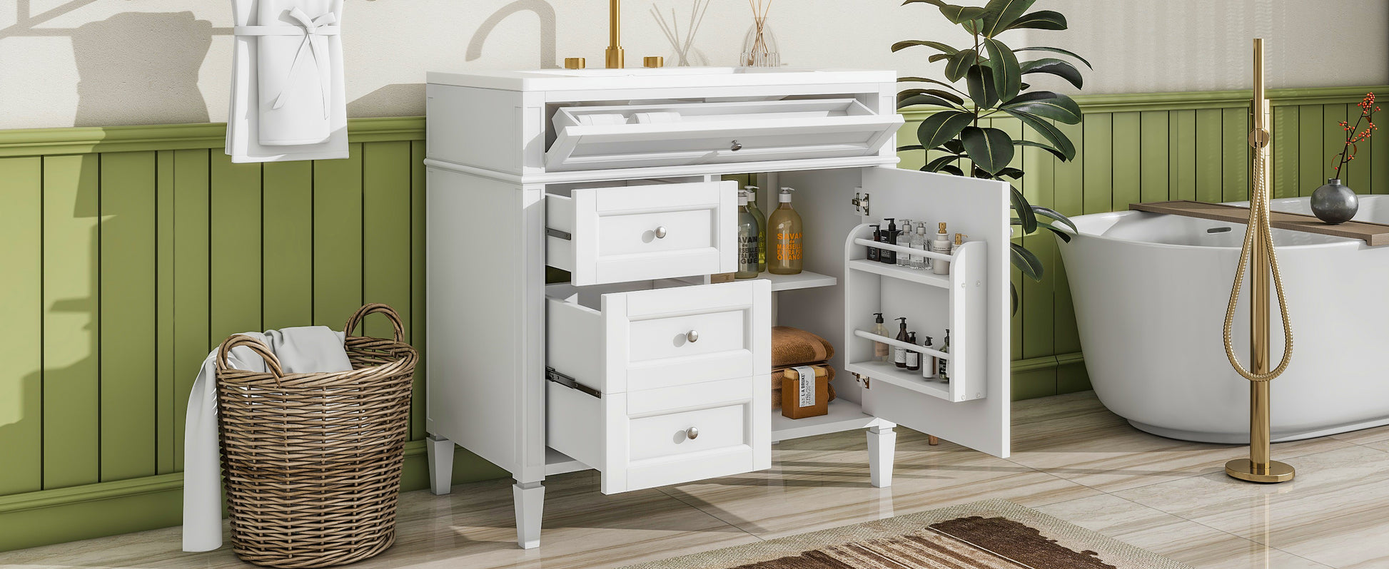36'' Bathroom Vanity With Top Sink, Modern Bathroom Storage Cabinet With 2 Drawers And A Tip Out Drawer, Single Sink Bathroom Vanity White Bathroom Solid Wood Mdf Ceramic,Solid Wood Mdf