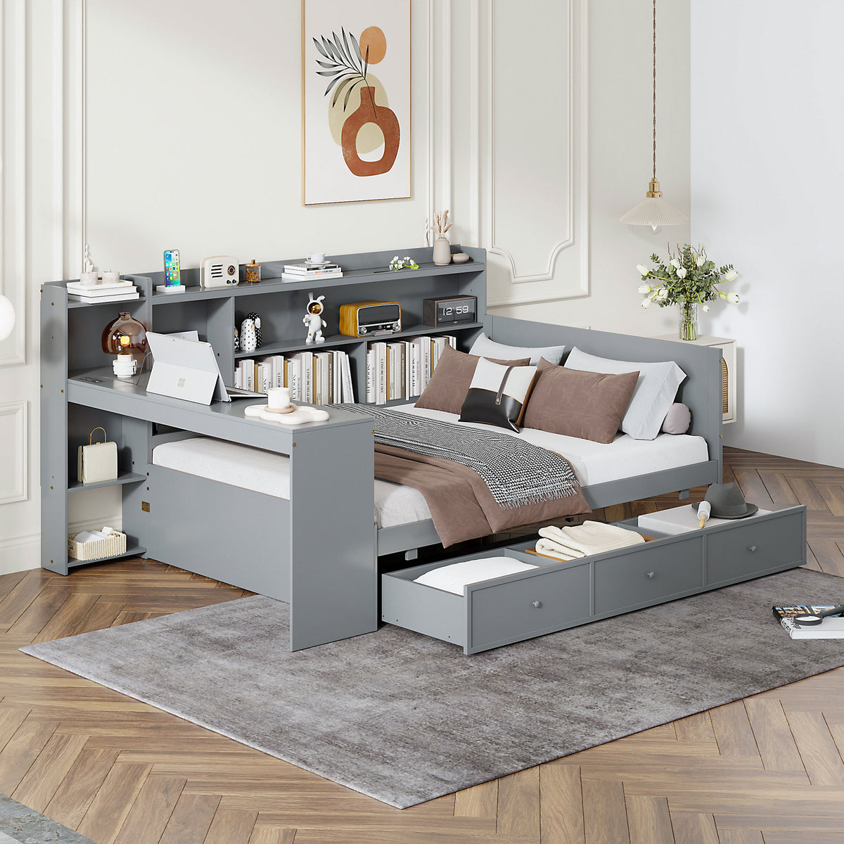 Full Size Wooden Daybed With 3 Drawers, Usb Ports And Deskgray Full Gray Wood