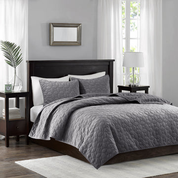 3 Piece Velvet Quilt Set Grey King Cal King King Grey Cotton