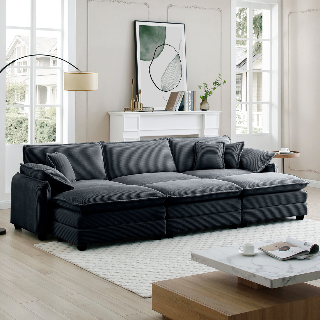 Oversized Modular Cushioned Sofa,With 3 Ottomans To Work As Sleeper Sofa Beds, 3 Seater Sofa With 3 Footstools,Grey Corduroy Fabric Grey Corduroy 3 Seat