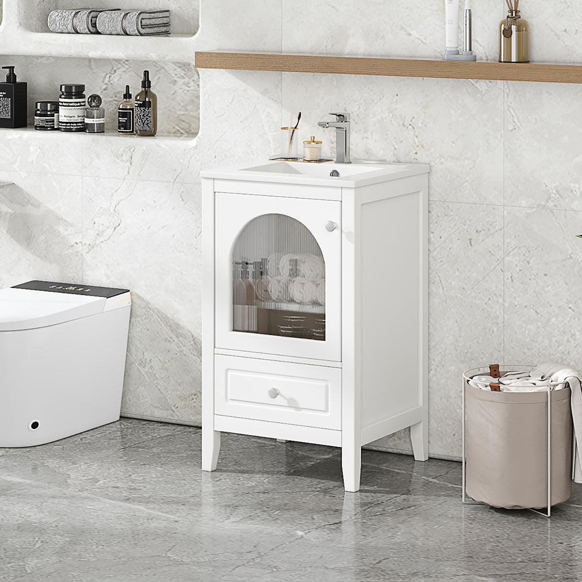 20" Bathroom Vanity With Sink, Bathroom Cabinet With Soft Closing Glass Door, A Drawer, White White Mdf