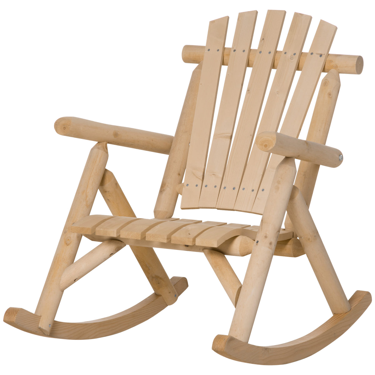 Outsunny Outdoor Wooden Rocking Chair, Single Person Rustic Adirondack Rocker With Slatted Seat, High Backrest, Armrests For Patio, Garden And Porch, Natural Natural Wood Wood