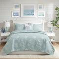 4 Piece Cotton Reversible Embroidered Quilt Set With Throw Pillow Aqua Full Queen Full Aqua Cotton