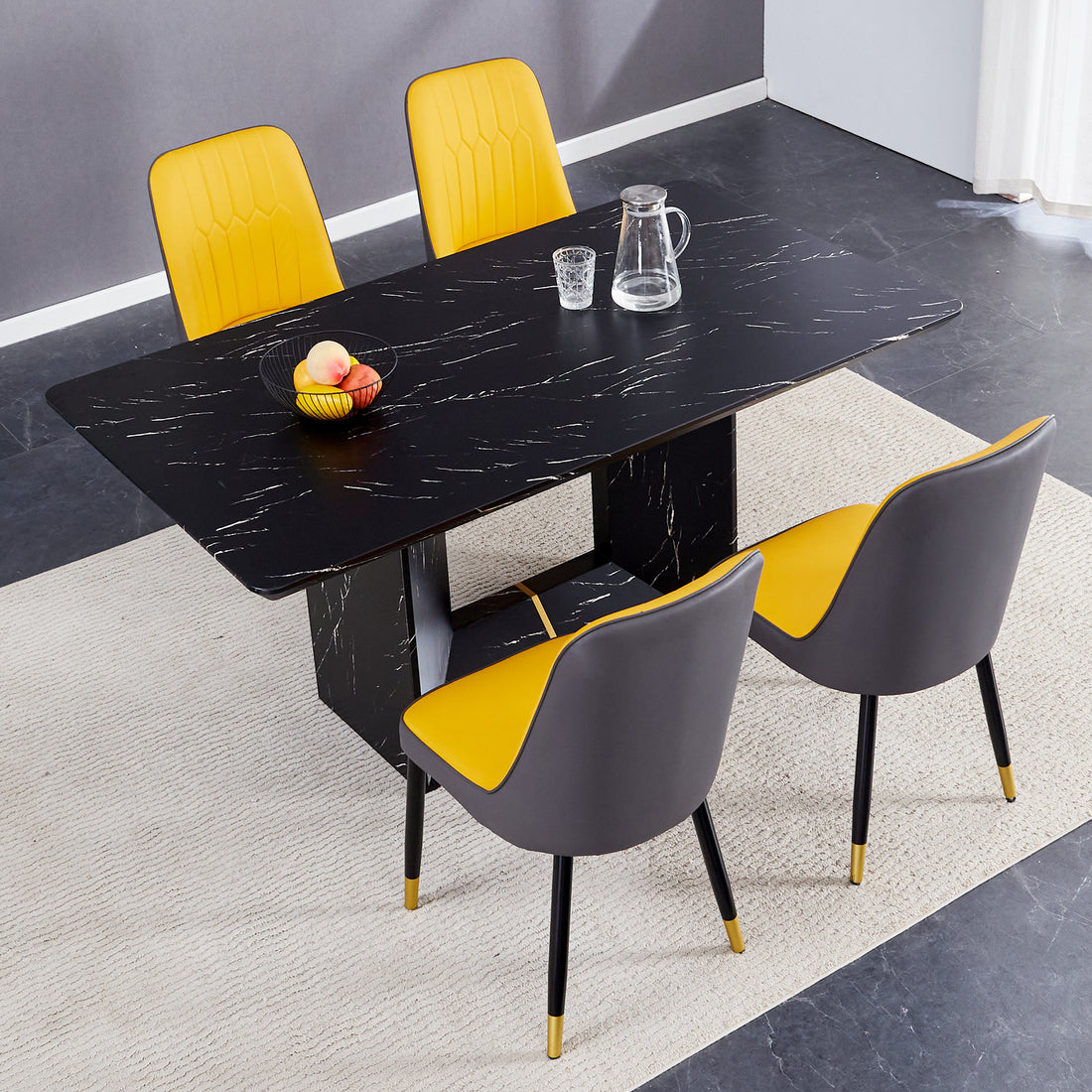 Table And Chair Set.This Modern Dining Table With Mdf Marbled Design Gives You A Luxurious And Elegant Feel.Paired With Multiple Chairs With Pu Artificial Leather Backrest Cushions And Black Legs. Yellow Black Seats 4 Mdf
