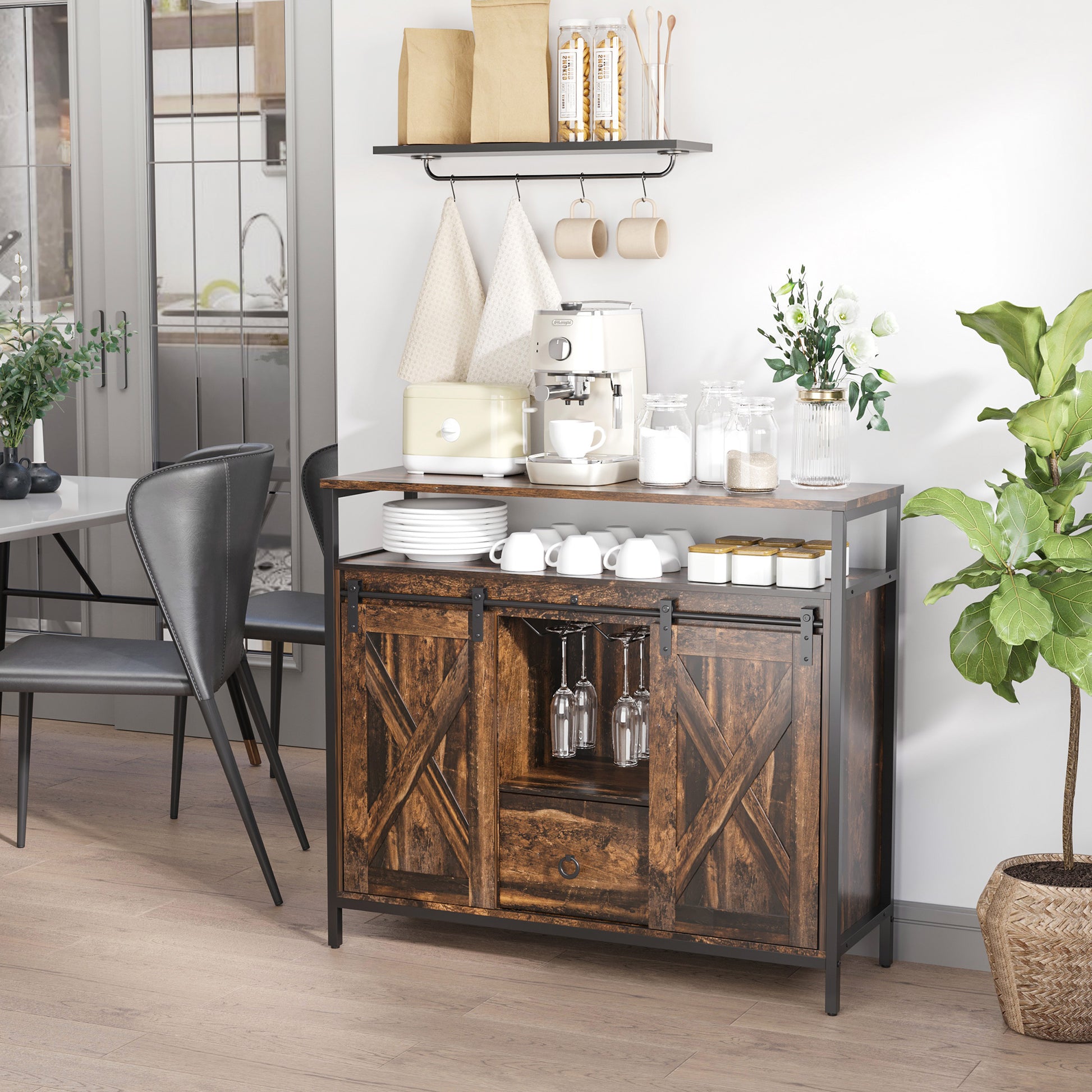 Homcom Industrial Sideboard Buffet Cabinet, Kitchen Cabinet With Sliding Barn Doors, Coffee Bar Cabinet With Stemware Racks, Drawer And Adjustable Shelves, Rustic Brown Rustic Brown Mdf Steel