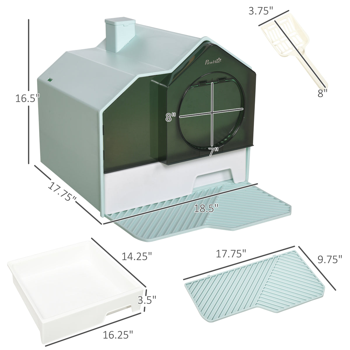 Pawhut Hooded Cat Litter Box With Kitty Litter Mat, Kitty Litter Pan With Odor Control, Easy Clean Pull Out Drawer, Handle, Scoop, Light Blue Blue Polypropylene