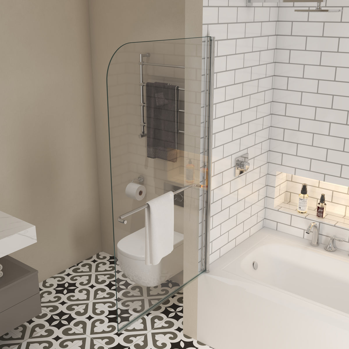 Bath Tub Pivot Shower Screen, With 1 4" Tempered Glass And Towel Bar 3458 Chrome Bathroom Aluminium Alloy