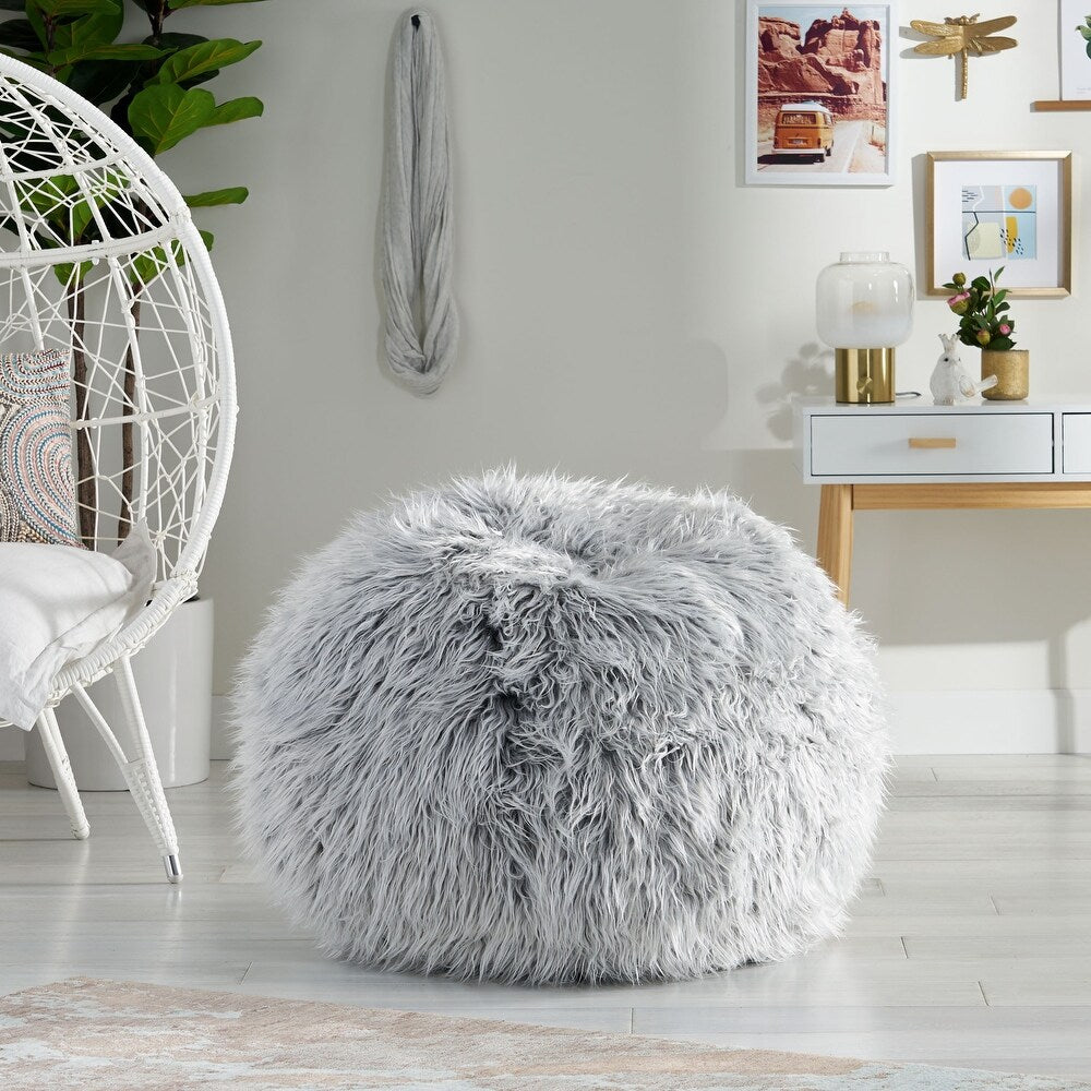 Hawley Silver Gray Faux Fur 3 Foot Bean Bag, Silver Gray Gray Faux Fur