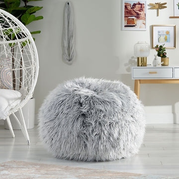 Hawley Silver Gray Faux Fur 3 Foot Bean Bag, Silver Gray Gray Faux Fur