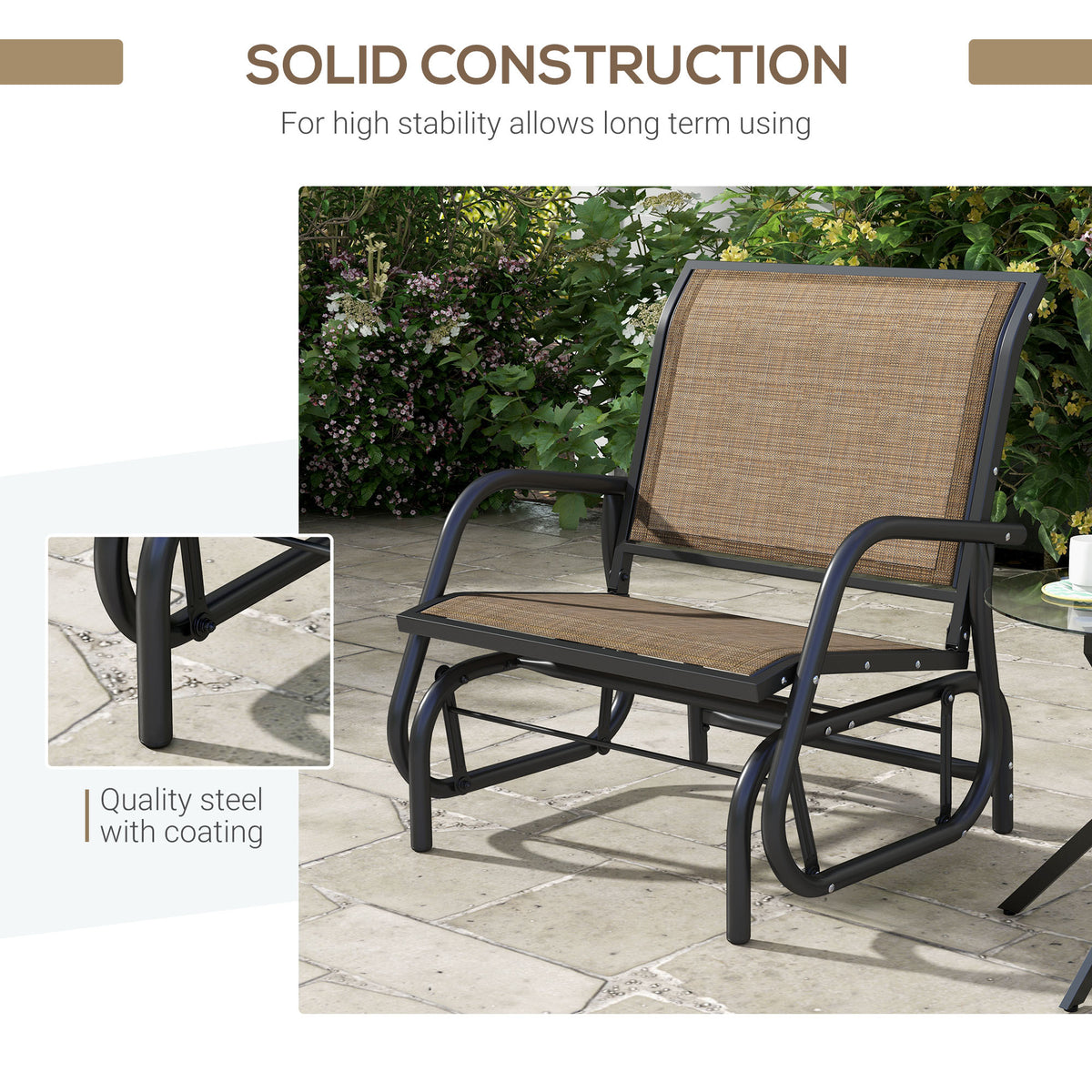 Outsunny Porch Glider, Metal Frame Swing Glider Chair Withmesh Fabric, Curved Armrests And Steel Frame For Garden, Poolside, Backyard, Balcony, Light Mixed Brown Brown Fabric Metal