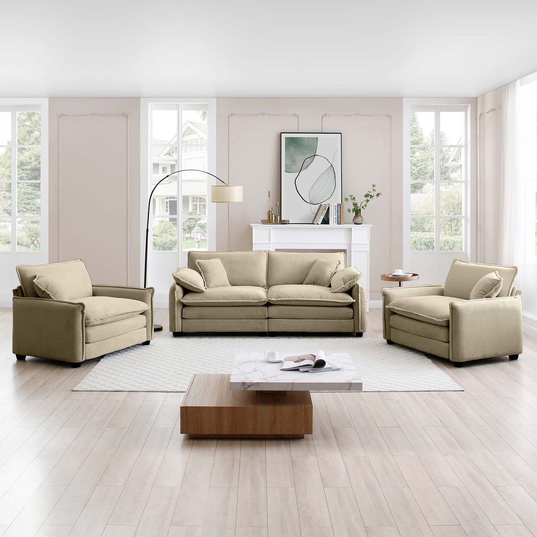 Luxurious And Sophisticated Sofa Set With Soft Cushions And Pillows, Sofa Set For Living Rooms And Clubs As Well As Home Theaters, Consisting Of Two Single Sofas And A 2 Seaters Sofas In Tan Corduroy Tan Corduroy 4 Seat