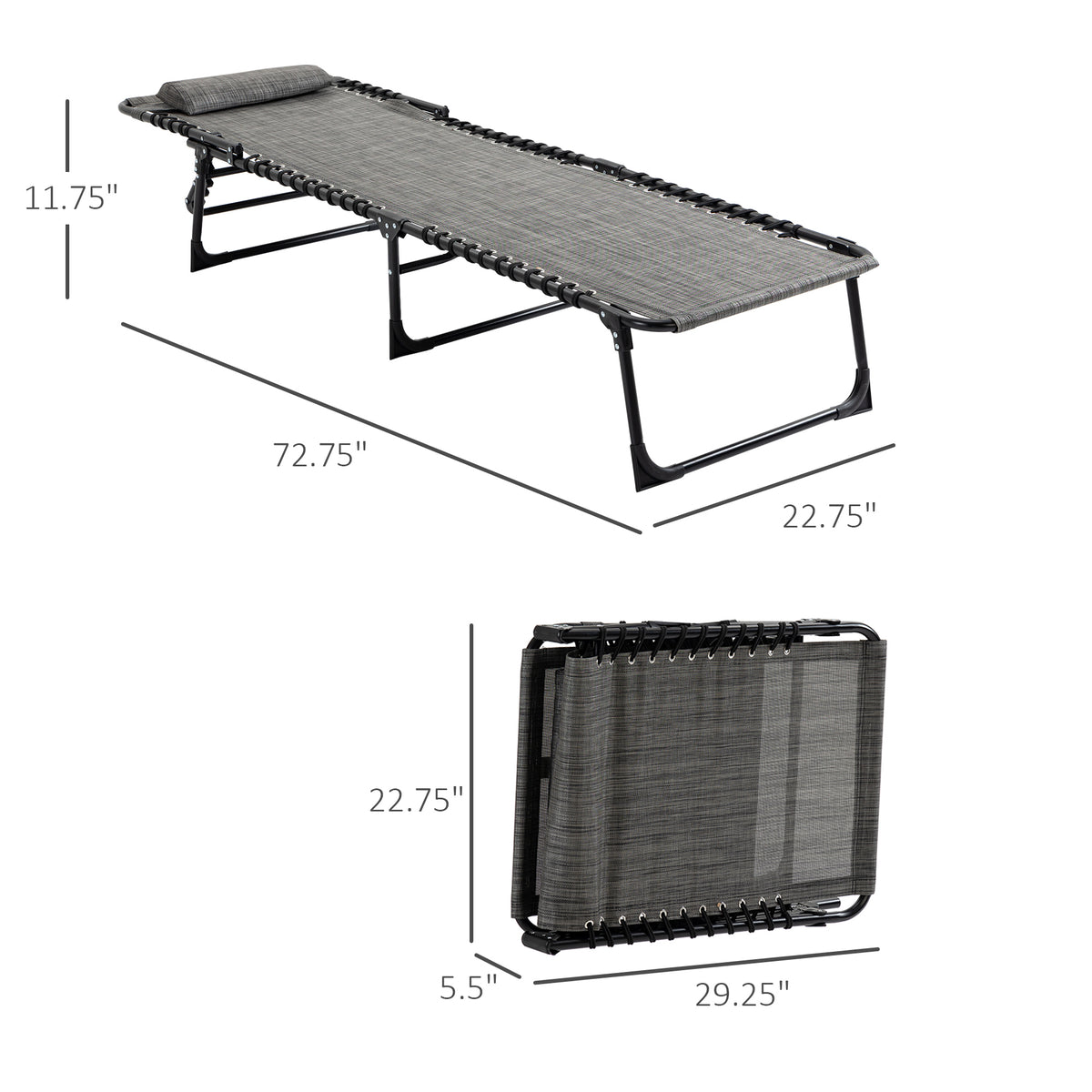 Outsunny Reclining Chaise Lounge Chair, Portable Sun Lounger, Folding Camping Cot, With Adjustable Backrest And Removable Pillow, For Patio, Garden, Beach, Grey Gray Fabric