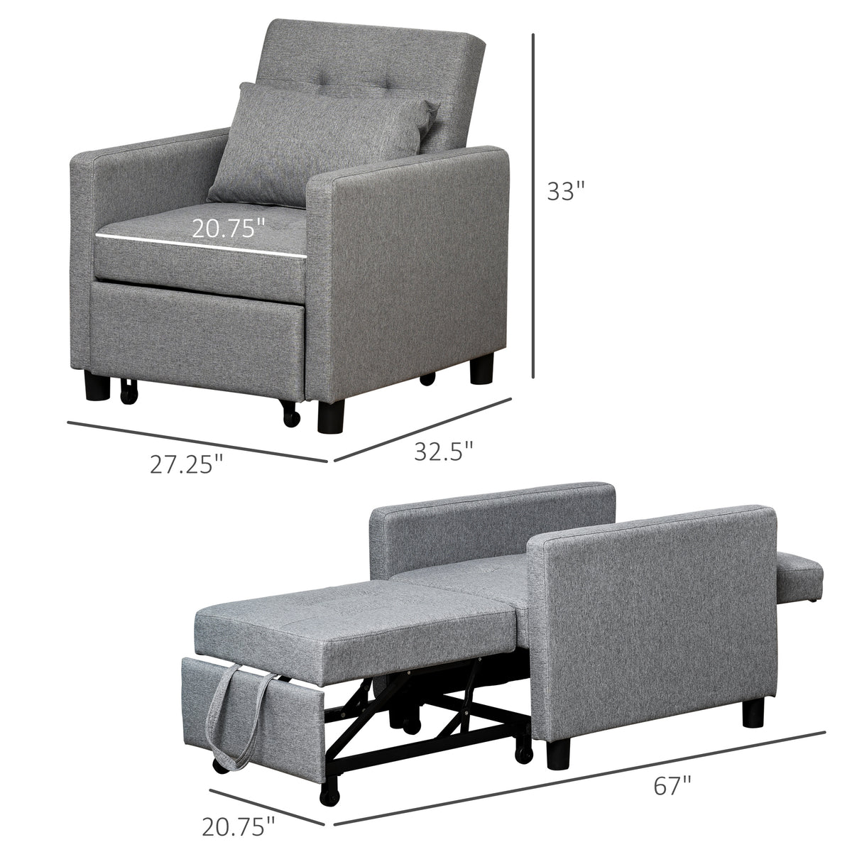 Homcom Convertible Sofa Lounger Chair Bed Multi Functional Sleeper Recliner With Tufted Upholstered Fabric, Adjustable Angle Backrest, And Pillow, Grey Grey Plastic 1 Seat