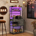 Homcom Baker'S Rack With Power Outlet And Led Lights, Coffee Bar With Storage Shelves, Industrial Microwave Stand With Wine Bottle Rack, Drawer, Barn Door Cabinet, Distressed Gray Gray Particle Board