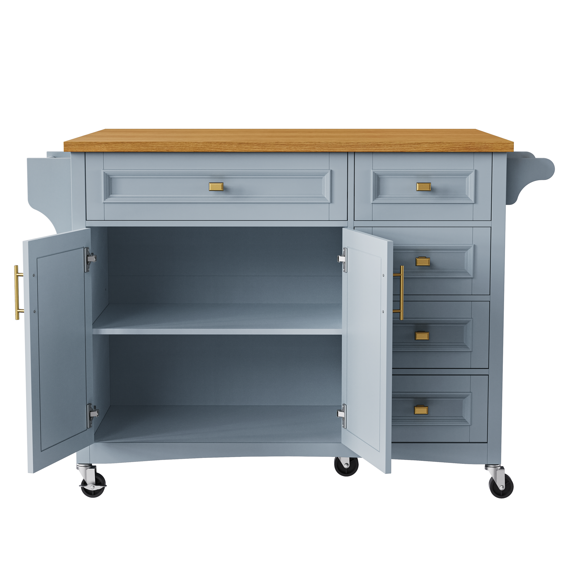 K&K 52'' Kitchen Island With Drop Leaf, Embossed Texture Kitchen Island On Wheels With Spice Rack, Towel Rack, 2 Doors And 5 Drawers, Kitchen Storage Cart With Adjustable Shelf For Kitchen, Blue